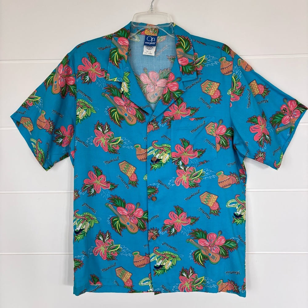 Vintage OP Bright Blue Hawaiian Shirt with Tropical Floral Print Men's Medium